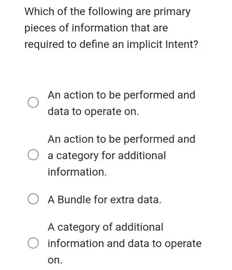 Primary Pieces of Information Required to Define an Implicit Intent